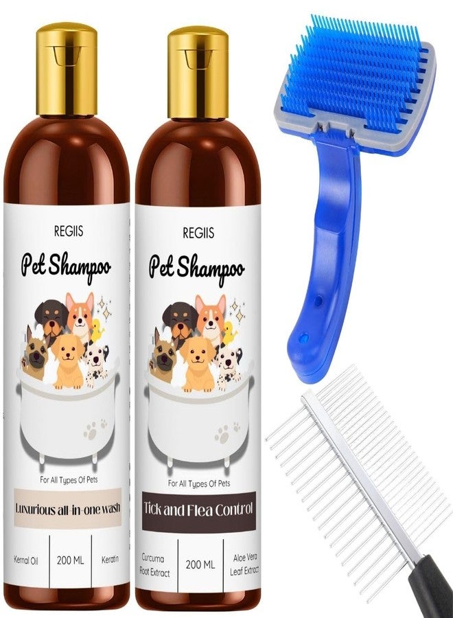 REGIIS Pet Shampoo Set with Tick and Flea Control, Luxurious All-in-One Wash, 200ml Bottles, Natural Ingredients with Keratin and Aloe Vera, Includes Grooming Brush(Pack of 4) - Image 1